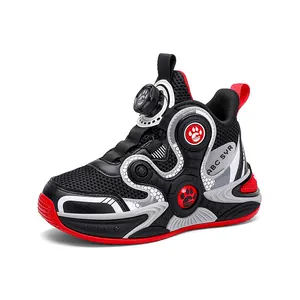 Boys' breathable mesh basketball shoes with rotary buckle lacing in black and red