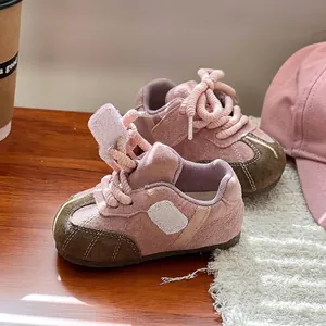 Children's pink and olive green suede leisure sneakers with soft soles for spring