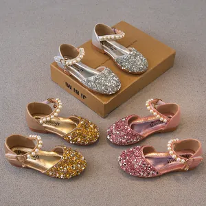Girls Princess Sandals Closed Toe Sequin Shoes Artificial Pearl Rhinestone Hook And Loop Flat Wedding Party Shoes For Kids
