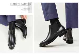 Detail view of men's square-toe black leather Chelsea boots in a business formal style