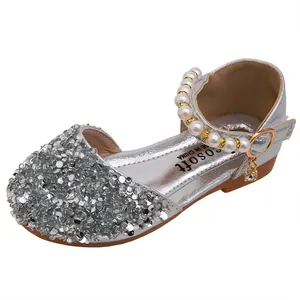 Sparkling silver sequin princess sandals for girls with pearl ankle strap