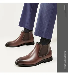 Classic men's brown leather Chelsea boots with square toe for business casual wear