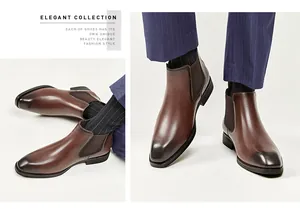 Detail view of premium brown leather Chelsea boots with burnished square toe design