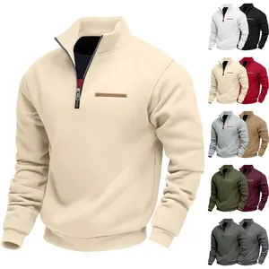 Men Quarter Zip Fleece Sweatshirt Stand Collar Solid Casual Winter Long Sleeve Top Polyester Pullover Heavyweight Warm