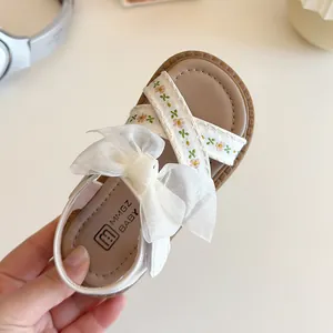 Sandalias de princesa para niñas estilo coreano con bordado floral y lazo de malla
