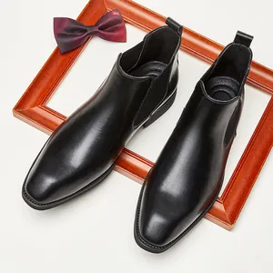 Classic black genuine leather square-toe Chelsea boots for men with vintage formal design