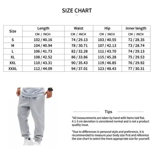 Official size guide chart for men's classic grey athletic joggers and sweatpants.