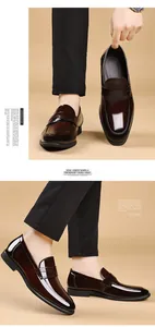 Detail view of shiny burgundy patent leather men's square-toe business loafers shoes