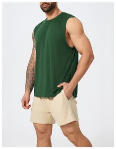 Close-up of men's quick-dry sleeveless athletic vest in dark green for fitness and running