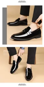 Macro view of men's premium black patent leather loafers with a classic British business design