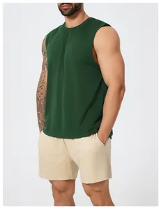 Close-up detail of dark green men's quick-dry sleeveless athletic sports tank top