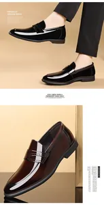 Detail view of men's patent leather loafers in black and brown with square toe design