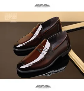 Elegant brown patent leather loafers for men with a shiny finish, perfect for weddings.