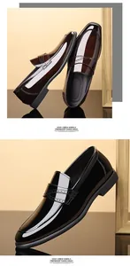 Close-up detail of men's patent leather loafers with a glossy finish and square toe