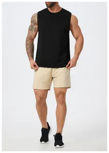 Full view of men's black quick-dry athletic tank top and beige mesh shorts