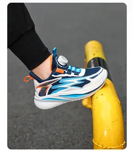 Close-up of breathable mesh children's sneakers featuring a convenient rotary buckle.