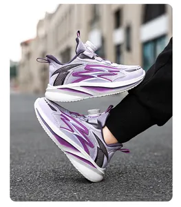 Side view detail of kids mesh sports shoes featuring lavender rotary buckle closure