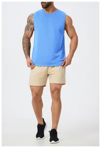 Men's quick-dry blue sleeveless sports tank top with beige mesh shorts for fitness