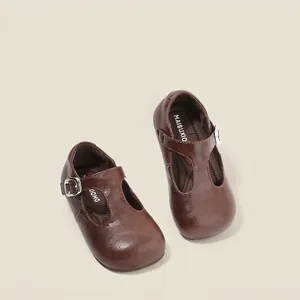 Girls Mary Jane Shoes Retro British Style Princess Leather Shoes Round Toe Breathable Non-Slip Kids Flat Single Shoes