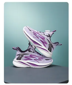 Detailed side view of purple children's mesh sneakers featuring a convenient rotary buckle system