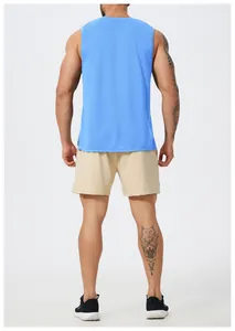 Rear view of a blue men's quick-dry athletic tank top paired with beige mesh shorts