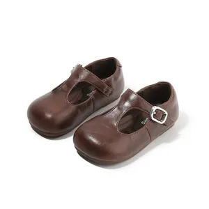 Classic brown T-strap girls' leather shoes with round toe and comfortable soft sole