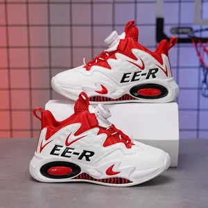 Scarpe da basket per bambini in pelle rossa e bianca con sistema di chiusura a manopola