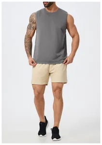 Detail shot of a men's grey quick-dry sleeveless athletic top for gym and running.
