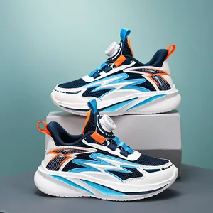 Breathable children's mesh sneakers with rotating buckle closure in blue and white colorway