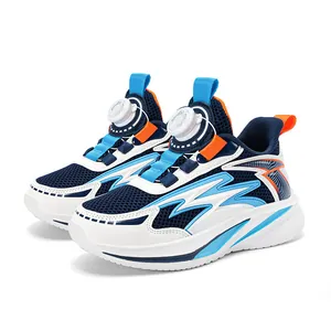 Kids breathable mesh sneakers with rotary buckle closure in blue and white
