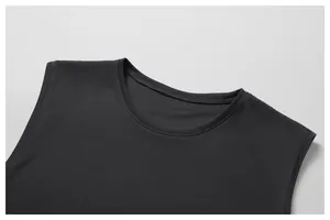 Detailed close-up of a breathable mesh neckline on a black athletic tank top for men