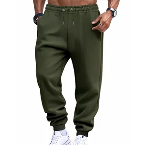 Detailed view of men's olive green sweatpants with drawstring waist and ribbed cuffs.