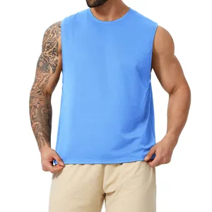 Light blue men's athletic sleeveless tank top with quick-dry mesh for gym and running