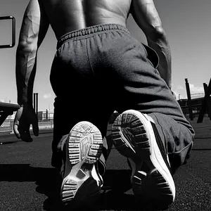 Achteraanzicht van gespierde man in zwarte joggingbroek en sportschoenen op een atletiekbaan