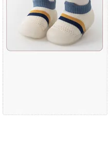 Close-up of breathable mesh baby walker shoes with soft non-slip soles and striped pattern