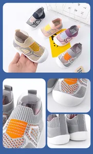 Primer plano de zapatos de punto para bebé con puntera de goma y suela blanda