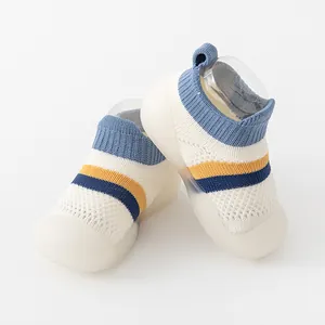 Breathable mesh baby walking shoes with soft non-slip soles and striped pattern