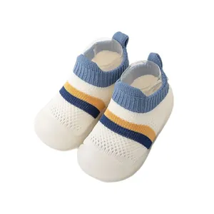 Soft breathable mesh baby walking shoes with non-slip soles and striped pattern