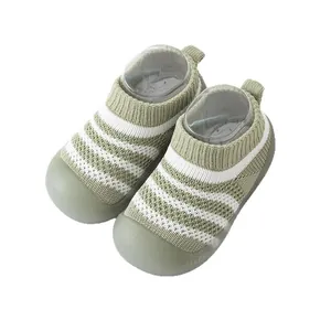 Breathable knit baby walker shoes with non-slip soft rubber soles in green and white stripes