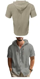 Men's breathable linen-blend short-sleeve hooded shirt with front button detail