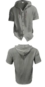 Front and back view of a men's loose breathable hooded short sleeve linen shirt.