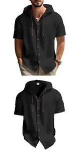 Men's breathable black hooded linen shirt, short sleeve summer casual Amekaji top