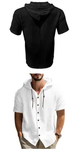 Detailed front and back views of a men's breathable hooded short sleeve linen shirt