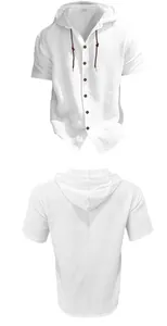 Detailed front and back views of white breathable linen hooded short sleeve shirt for men