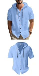 Detailed view of a light blue men's hooded short sleeve linen shirt with wood buttons