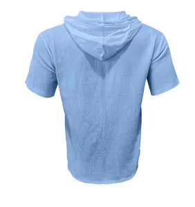 Detailed back view of a men's breathable light blue linen hooded short-sleeve shirt
