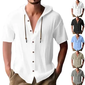 Men Summer Thin Breathable Linen Hooded Short Sleeve Shirt Top Amekaji Loose Casual Button Down Linen Shirt