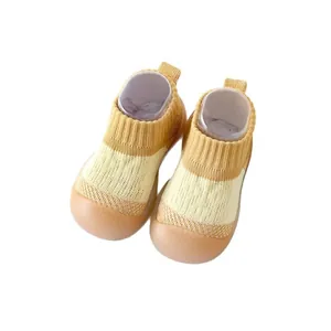 Yellow striped breathable mesh baby walking shoes with non-slip soft rubber soles for toddlers