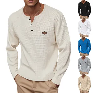 Men's Casual Waffle Knit Henley T-Shirt Long Sleeve Fast Dry Polyester Breathable American Style Solid Color Top