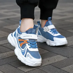 Breathable blue and white children's sports sneakers with velcro straps and non-slip soles